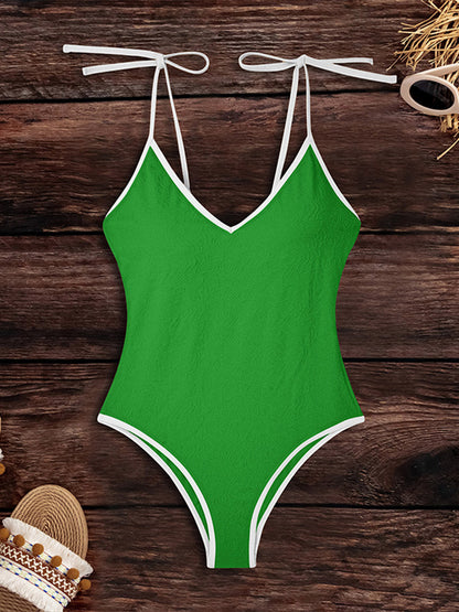 Tied V-Neck Spaghetti Strap One-Piece Swimwear