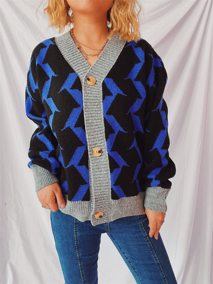 Contrast Trim Geometric V-Neck Long Sleeve Cardigan