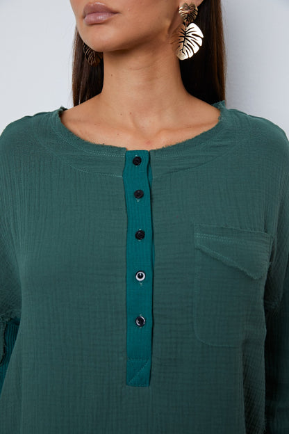 Half Button Up Round Neck Blouse