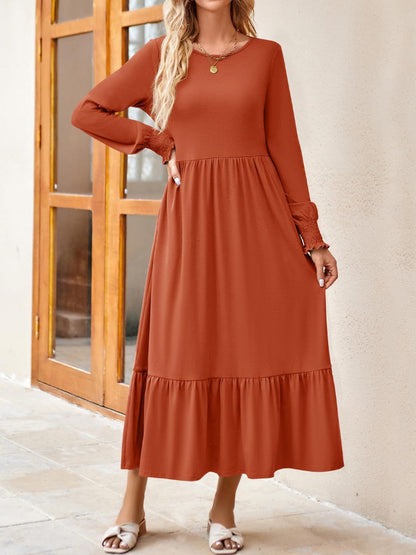 Round Neck Lantern Sleeve Ruffle Hem Dress