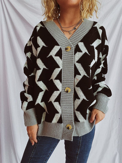 Contrast Trim Geometric V-Neck Long Sleeve Cardigan