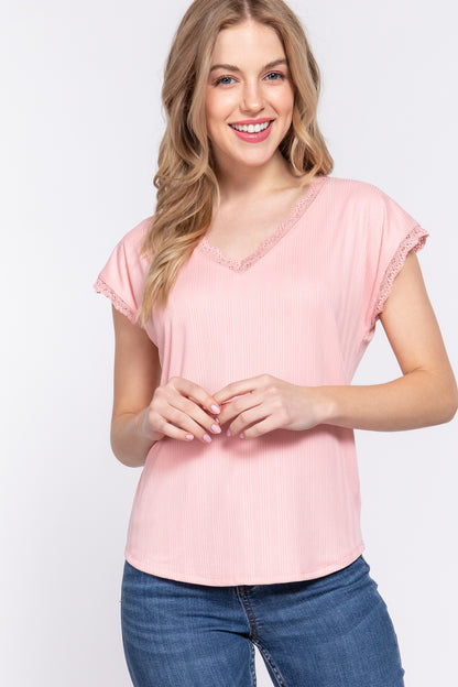 ACTIVE BASIC Lace Trim V-Neck Short Sleeve Ribbed Top