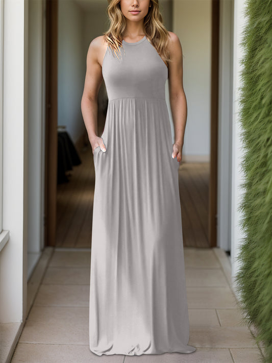 Full Size Grecian Neck Dress with Pockets