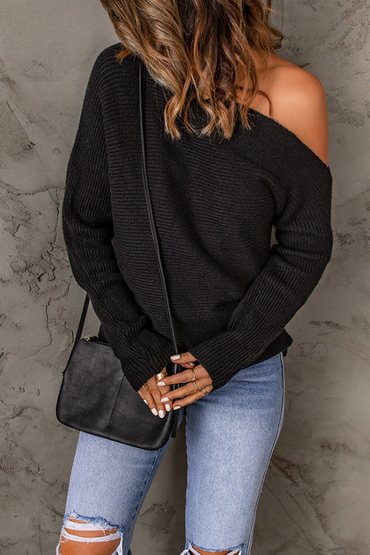 Double Take Horizontal Ribbing One-Shoulder Sweater