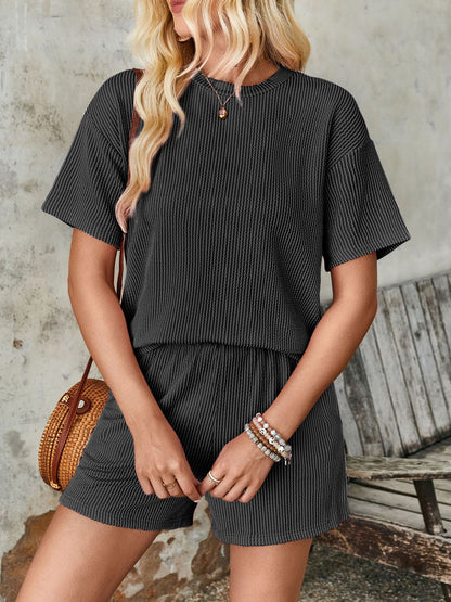 Textured Round Neck Short Sleeve Top and Shorts Set