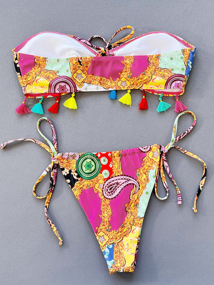 Printed Tied Strapless Bikini Set