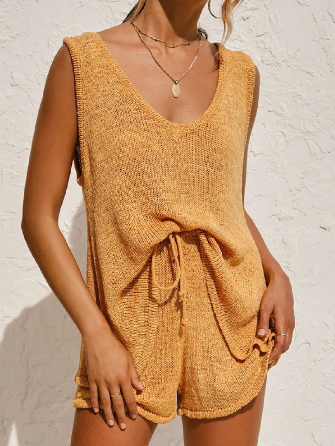 V-Neck Sleeveless Top and Drawstring Shorts Sweater Set