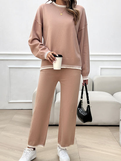 Devine Round Neck Dropped Shoulder Top and Pants Sweater Set