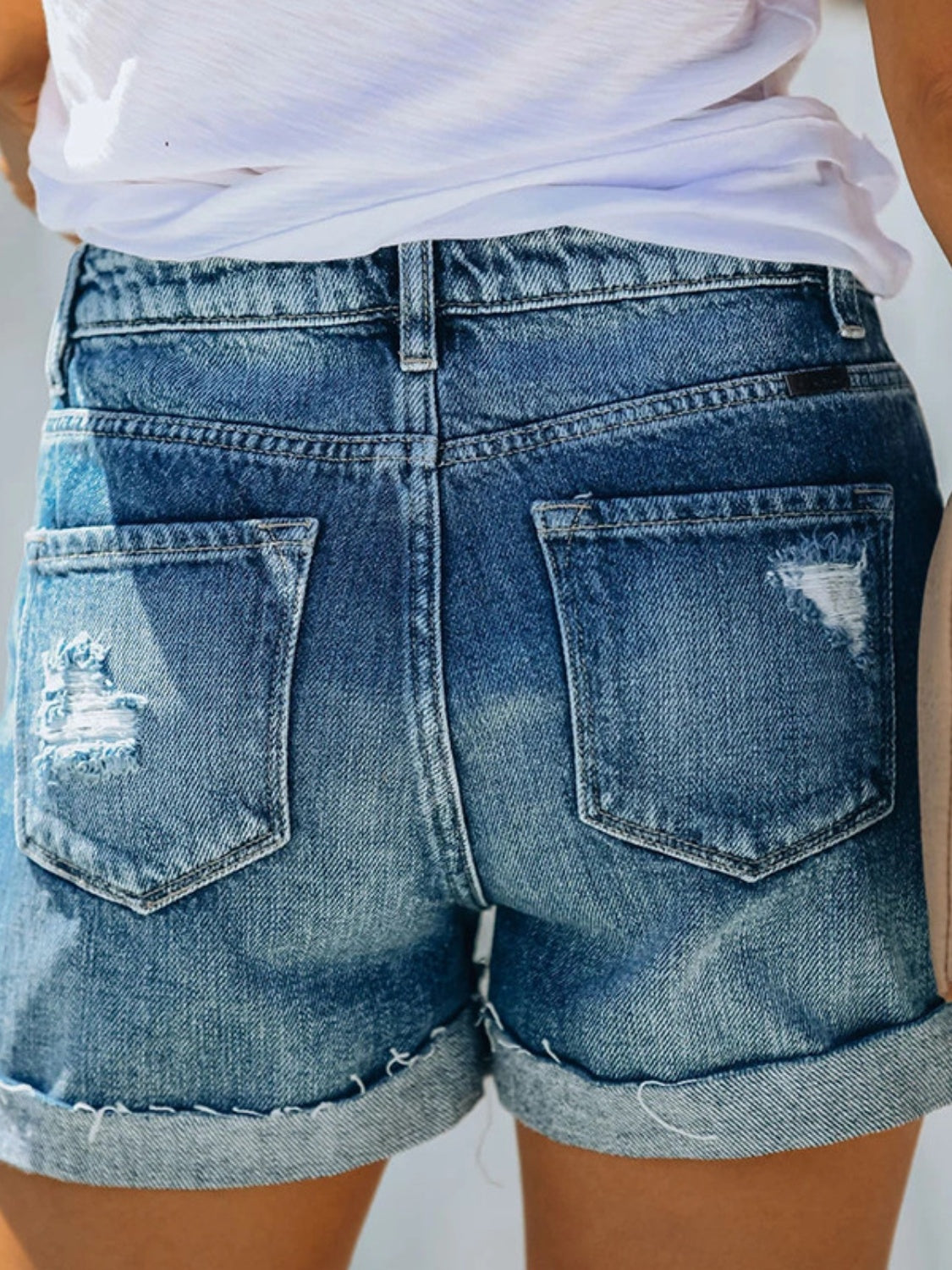 Distressed Button-Fly Denim Shorts with Pockets