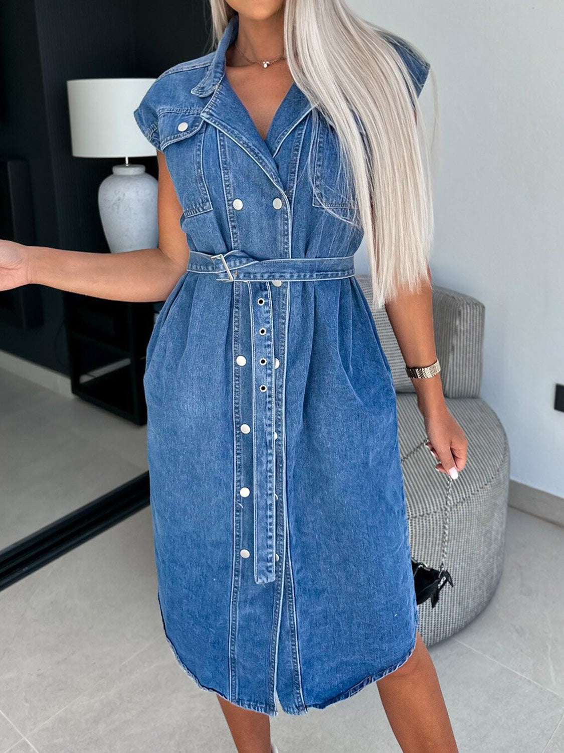 Collared Neck Cap Sleeve Denim Dress