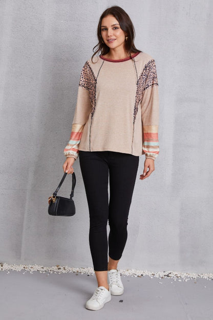 Contrast Stitching Leopard Long Sleeve Blouse