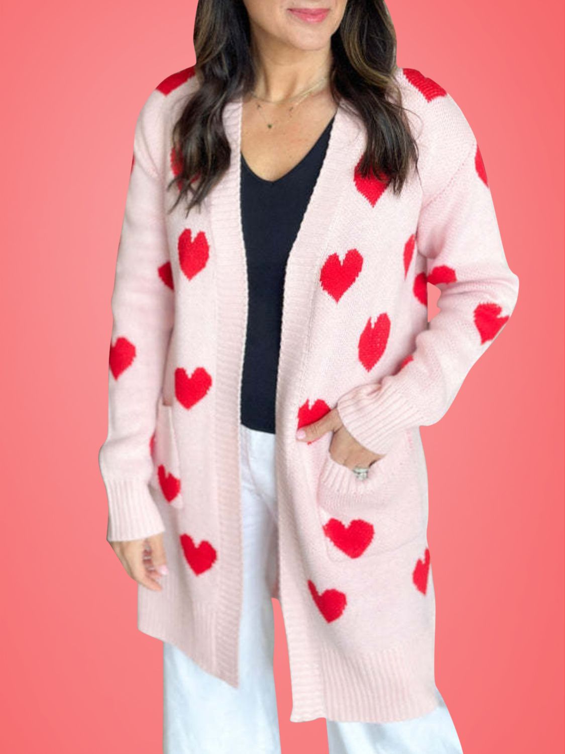 Heart Open Front Long Sleeve Cardigan