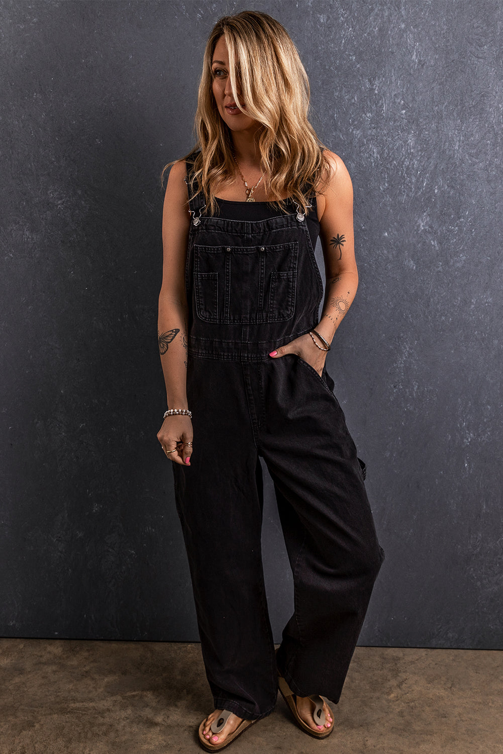 Pocketed Straight Denim Overalls