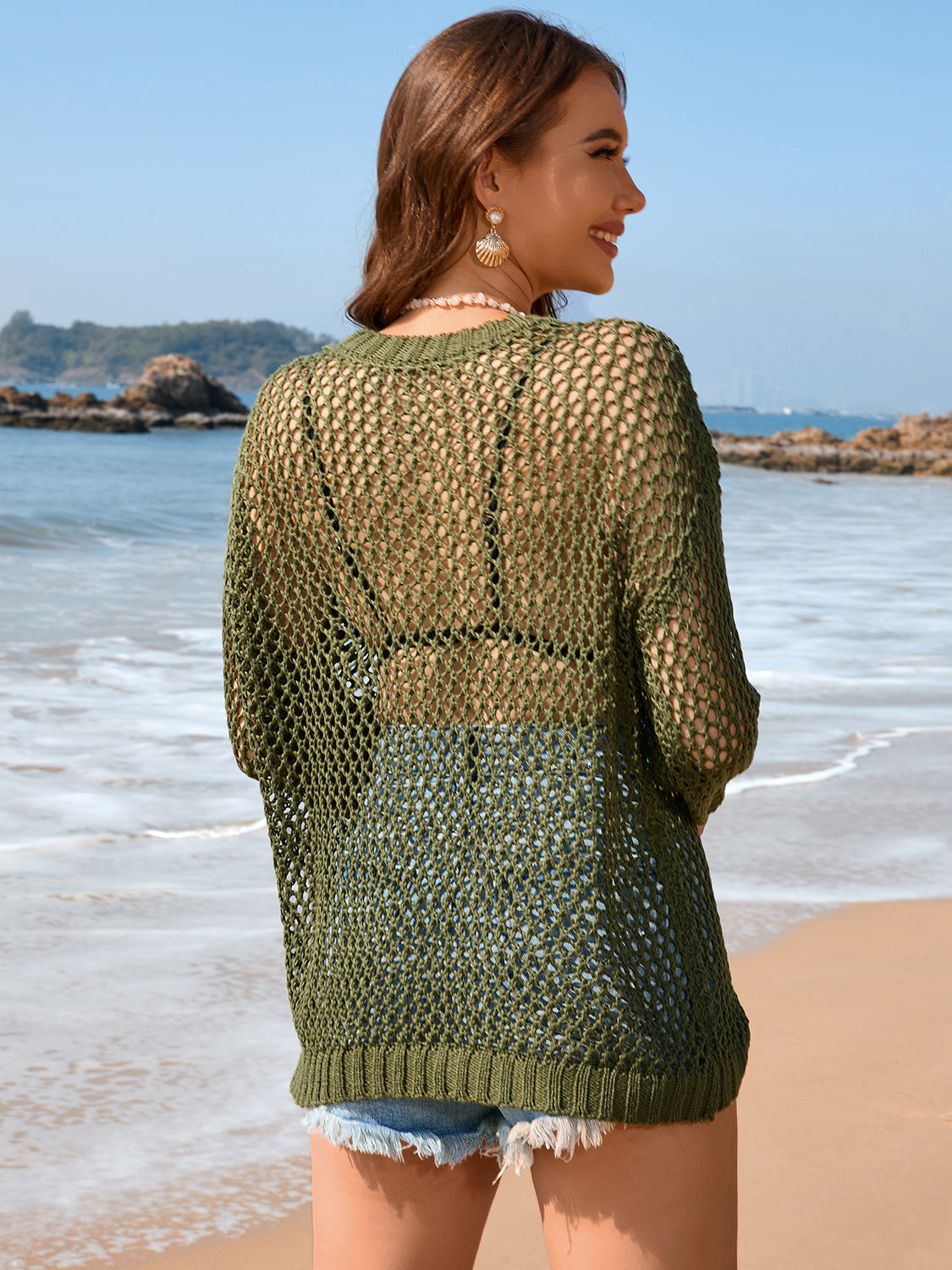 Heart Openwork Long Sleeve Cover-Up