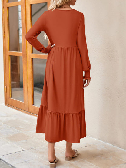 Round Neck Lantern Sleeve Ruffle Hem Dress