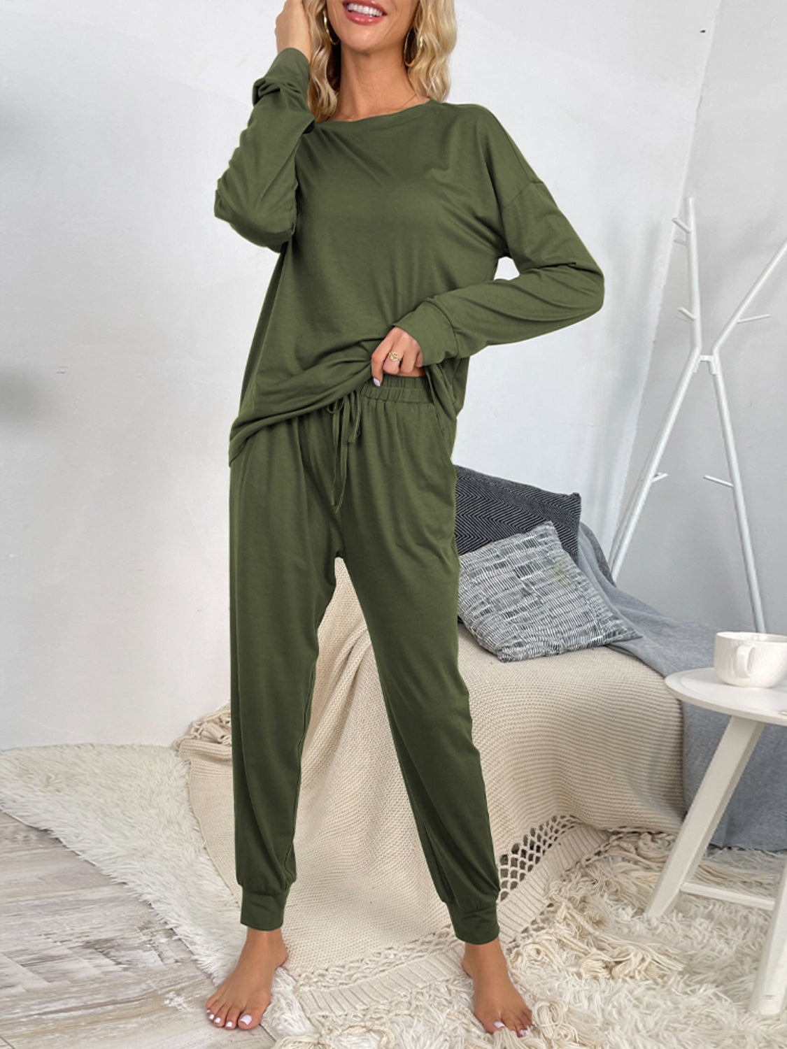 Shiny Round Neck Top and Drawstring Pants Lounge Set