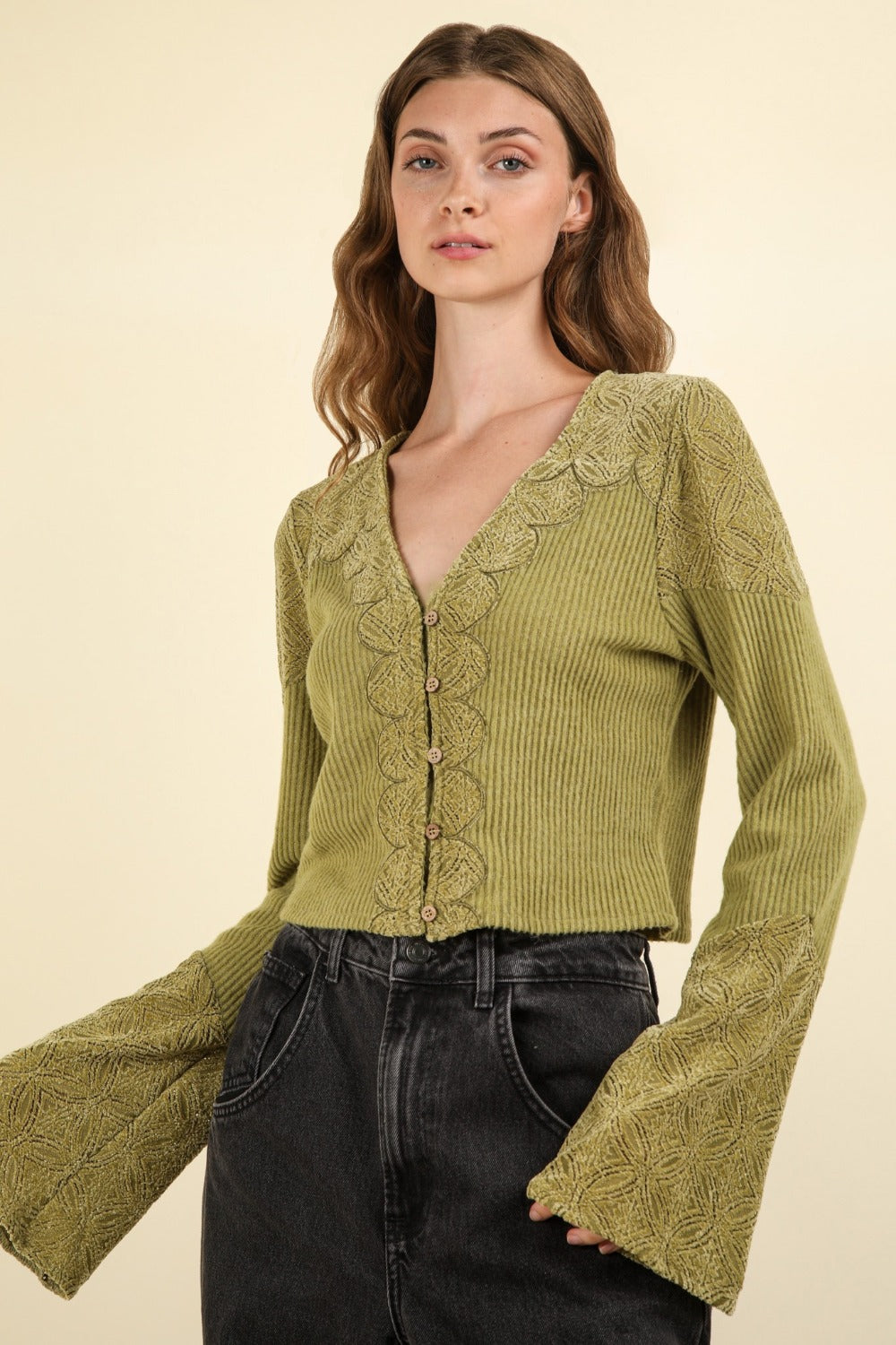 VERY J V-Neck Lace Detail Button Down Crop Ribbed Knit Top