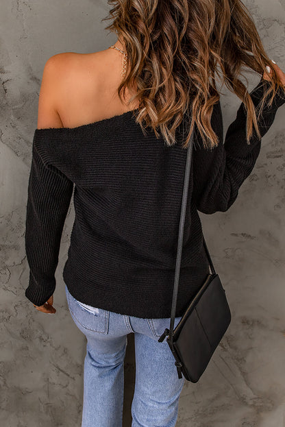 Double Take Horizontal Ribbing One-Shoulder Sweater