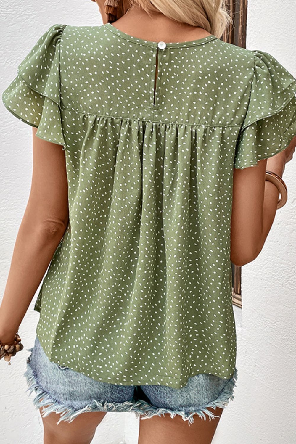 Perfee Printed Round Neck Puff Sleeve Blouse