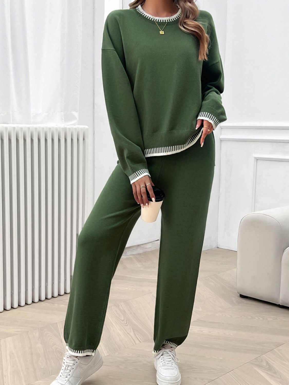 Devine Round Neck Dropped Shoulder Top and Pants Sweater Set