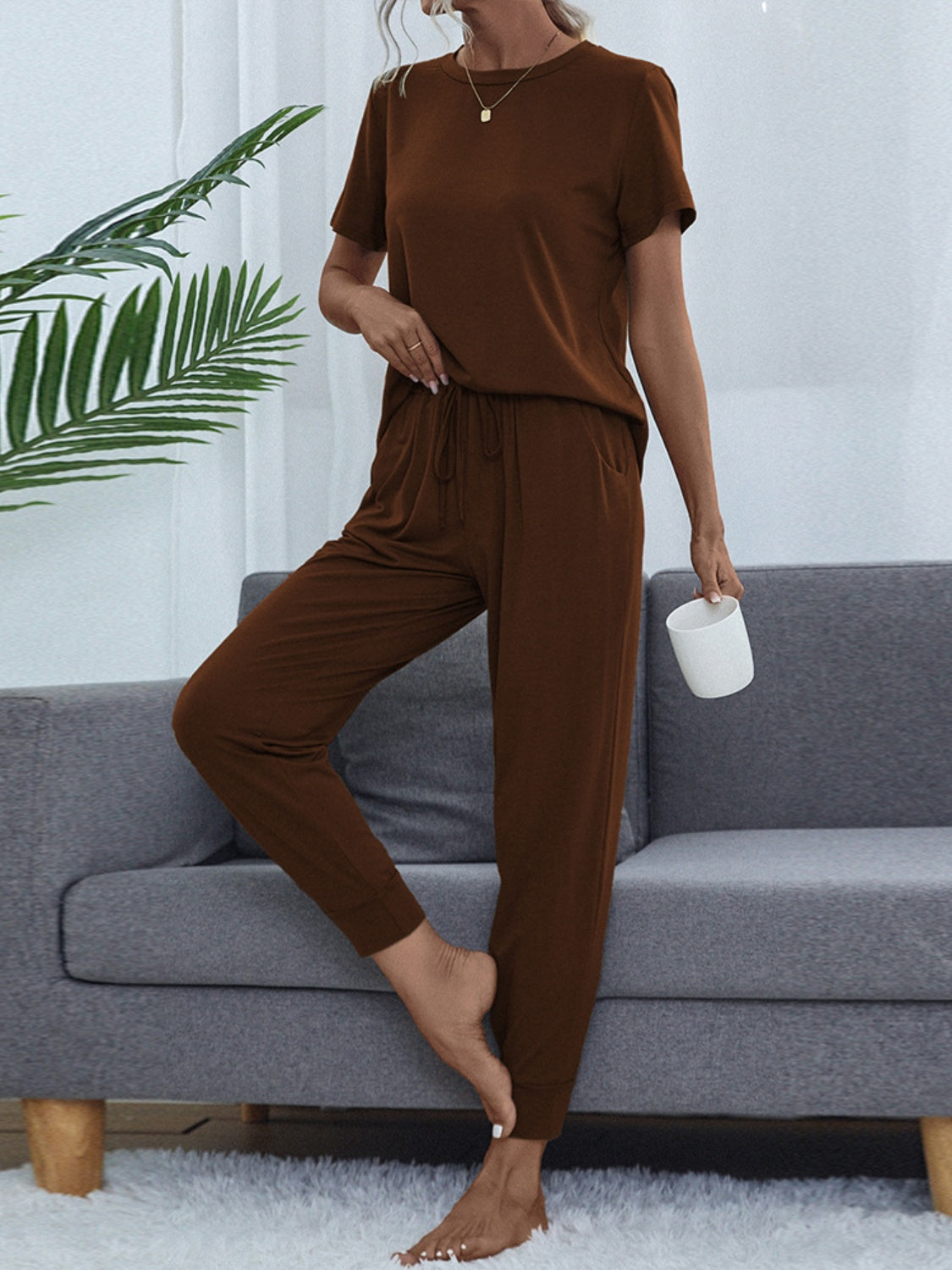 Round Neck Top and Pants Lounge Set